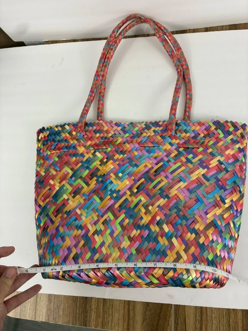 Rainbow Woven Straw Tote Braided Handle Lightweight Ombre Gradient Vibrant Bag